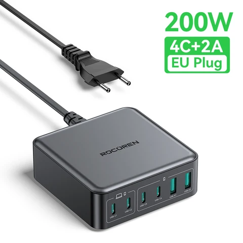 Rocoren 200 Вт GaN Зарядное устройство 6-портовое настольное зарядное устройство USB Type C для быстрой зарядки Портативная электростанция для iPhone 16 Pro Max Xiaomi