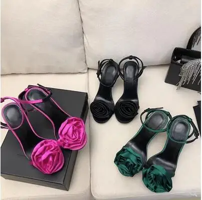 Flower Sandals Women's Summer New Silk Round Toe Thin Heel Open Toe Button Strap Sexy and Fashionable High Heels Sandals