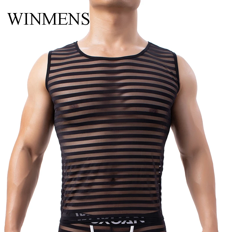 Men's Undershirt See Through Mesh Vest Striped Elastic Singlet O-neck Sleeveless Tank Tops  Transparent Muscle Shirts