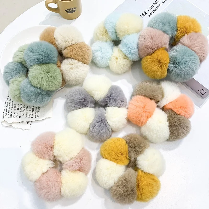 

Rabbit Fur Pompoms Elastic Hair Rubber Band Scrunchie for Women Candy Color Winter Plush Hair Rope Hair Tie Hair Accessories