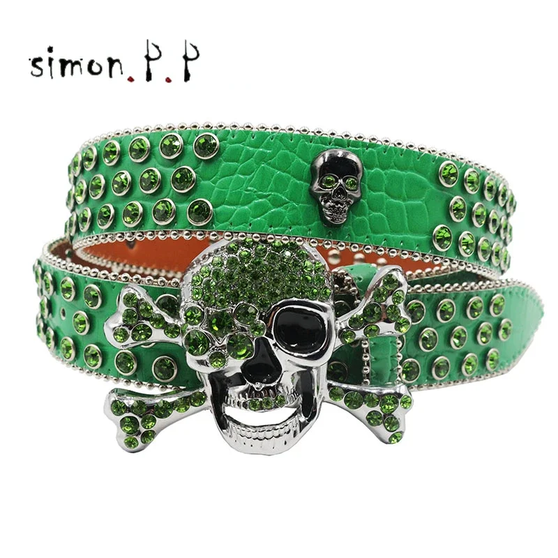 Брендовый ремень SKULL в стиле панк со стразами и бриллиантами мужской ковбойский