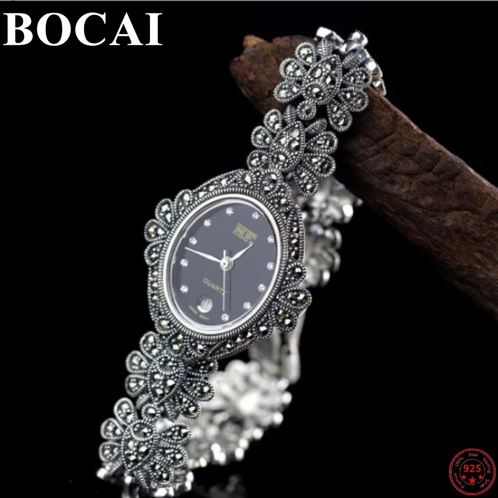 

BOCAI S925 Sterling Silver Bracelets for Women Men New Fashion Marcasite Inlaid Retro Flower Argentum Watchband Watch-strap