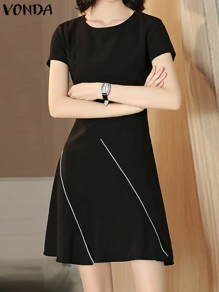 

Elegant Sexy Party Mini Dress 2023 VONDA Summer Women Sundress Patchwork Fashion Casual Loose Short Sleeve A-Line Vestidos