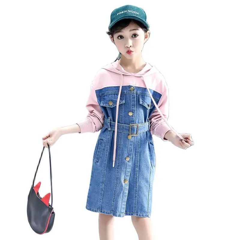 

Одежда для маленьких девочек, весенне-осенние детские модные костюмы, подростковые толстовки, платья с капюшоном и шитьем, детские джинсовы...