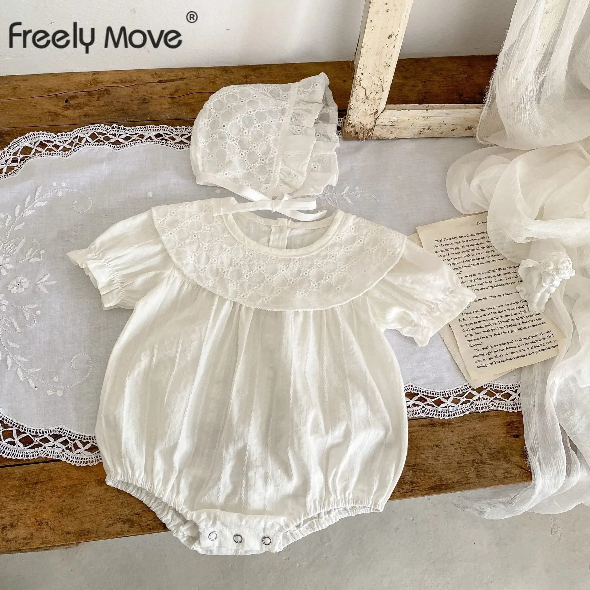

Infant Newborn Loose Romper for Girls Boys Baby Round Neck Short Sleeve Solid Jumpsuit + Headwear Sets Toddler Costume