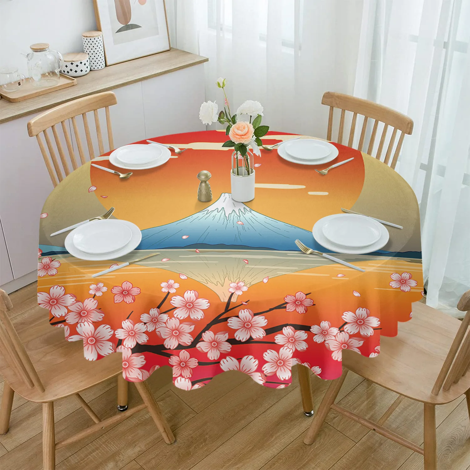 

Japanese Style Mt. Fuji Sakura Round Tablecloth Waterproof Table Cover for Wedding Party Decoration Dining Table Cover