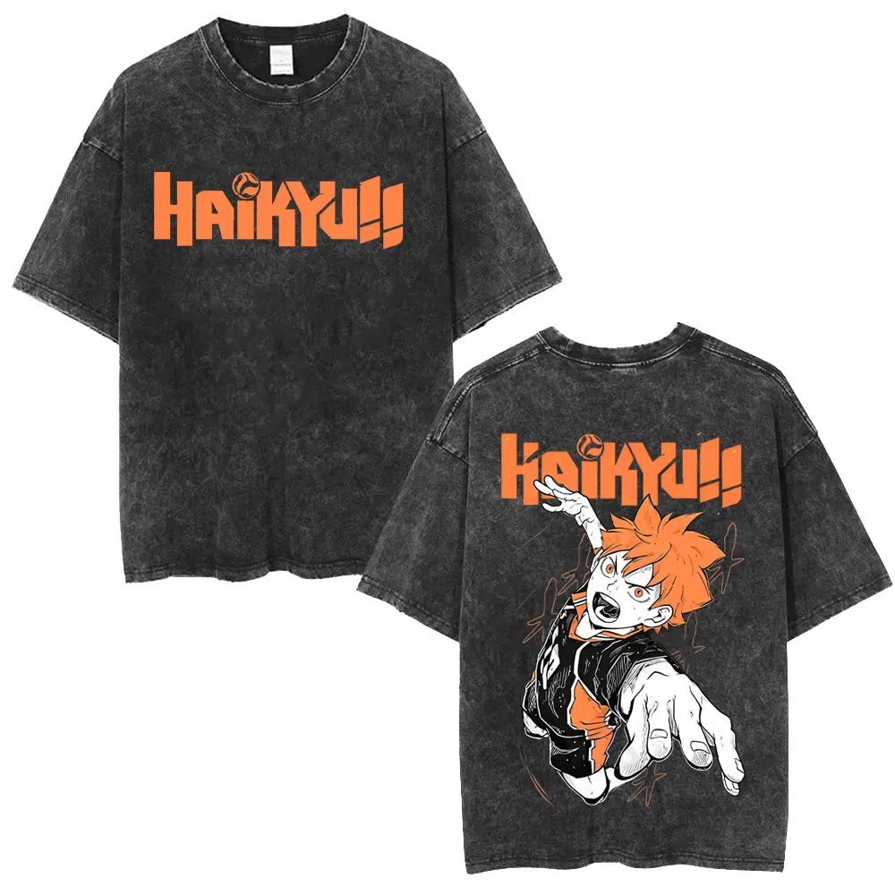 Фото Винтажная футболка унисекс с принтом аниме Haikyuu Hinata Shoyo и Tobio Kageyama, оверсайз, хлопок №2