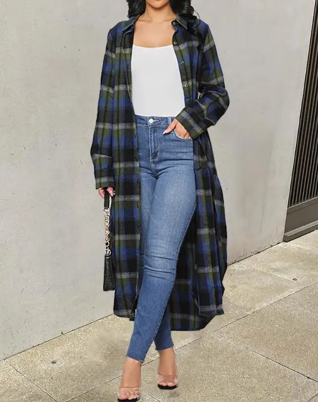 

Jackets for Women 2022 Autumn Fashion Plaid Print Curved Hem Buttoned Casual Turn-Down Collar Long Sleeve Daily Longline Shacket