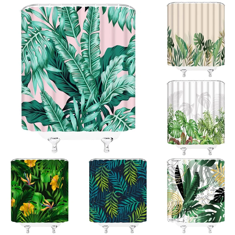 

Green Palm Leaf Shower Curtain Tropical Plant Monstera Floral Jungle Rural Bath Bathtub Fabric Curtains For Bathroom Home Decor