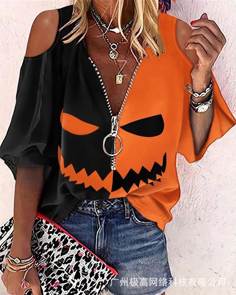 

Halloween Graphic Print Colorblock Cold Shoulder Top Women Hollow Out Batwing Sleeve Loose Sexy Fashion Blouse Tops Tshirt