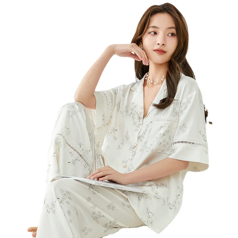Pajamas for Women's Spring and Summer High-end Lace Short-sleeved Trousers Home Service Suit Can Be Worn Outside Soft Loungewear