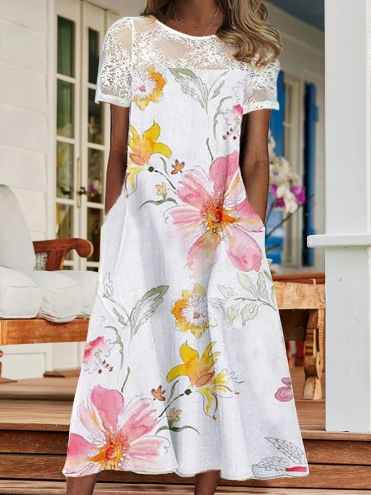 

Summer Casual Short Sleeve O Neck Cutout Dress Ladies Fashion Floral Print Splicing Lace Dress Women Loose Pocket Office Dresses