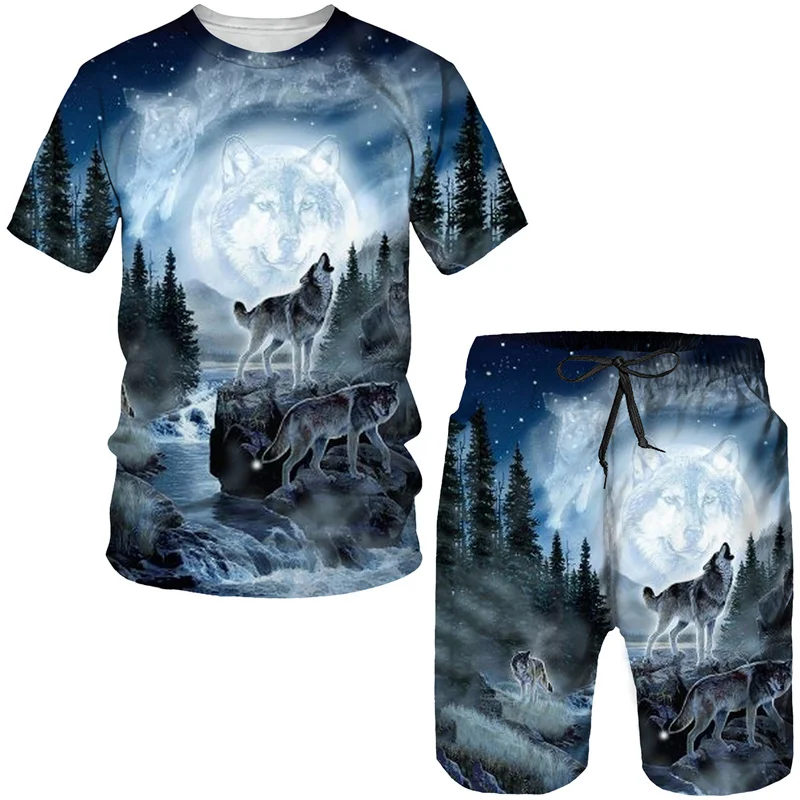 Funny Wolf Pattern T Shirt For Men Casual Shorts 2 Piece Outfit Summer Outdoor Sports Sets Fashion Trend Short Sleeve Clothing