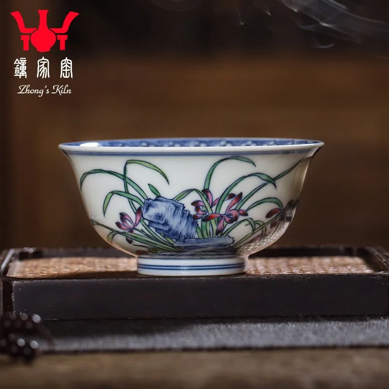 

Zhongjia Kiln Kung Fu Tea Cup Purely Handmade Ceramics Tea Cup Jingdezhen Doucai Orchid Cup Master Cup High-End Men