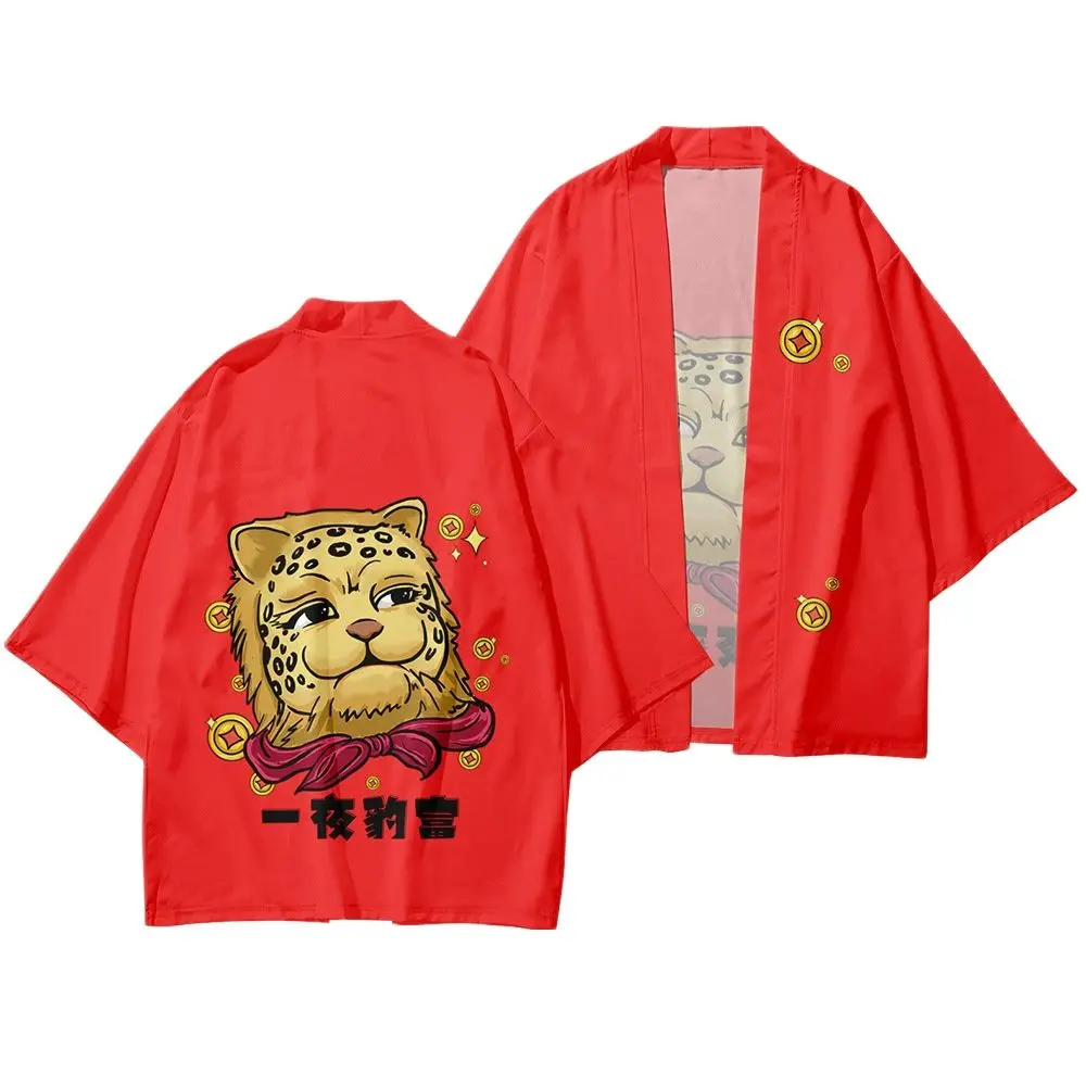 

Кимоно в японском стиле Харадзюку для женщин и мужчин, кардиган с мультяшным леопардовым принтом, красные свободные укороченные штаны для косплея, юката