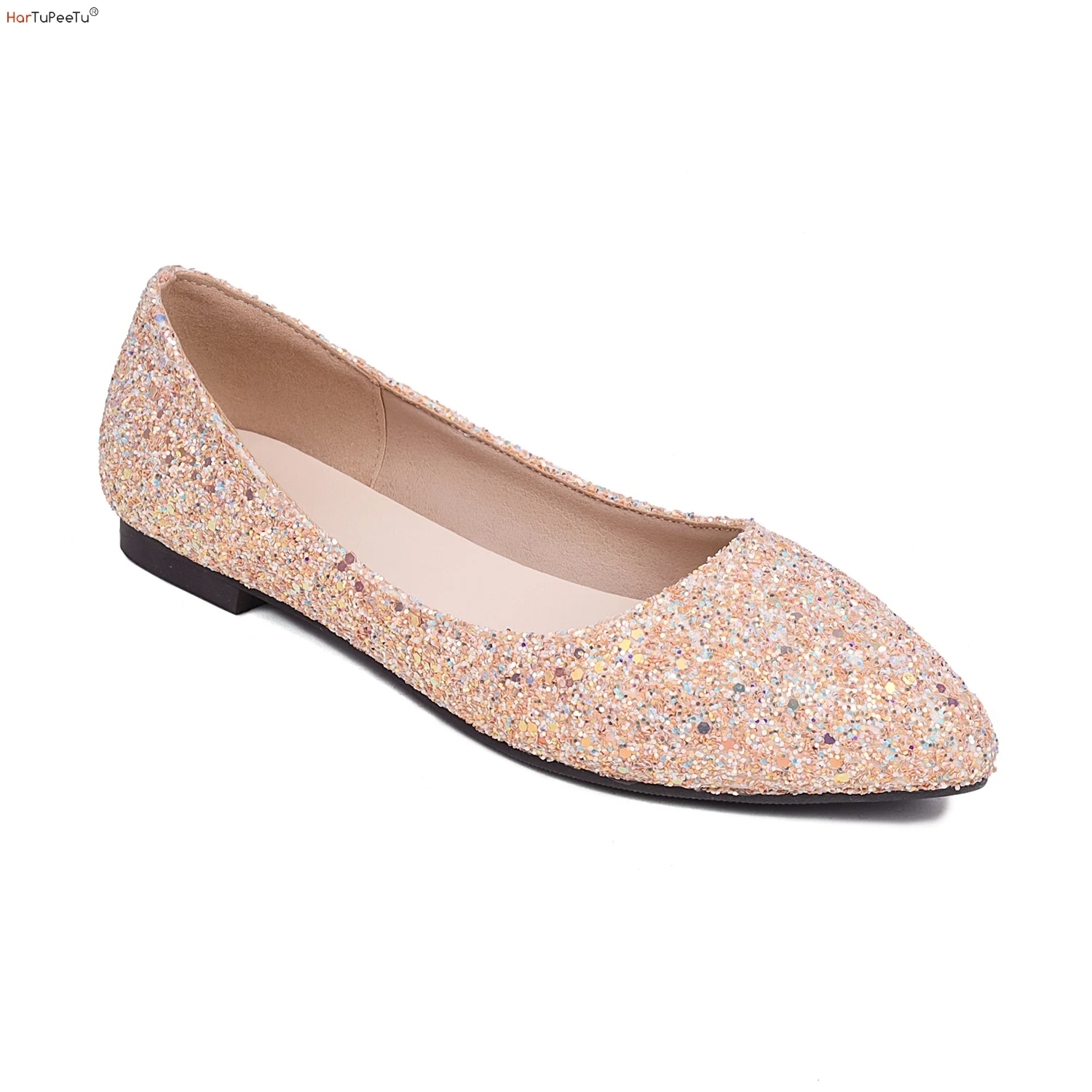 Sweet Sequined Flats Women Pointed Toe Shoes Size 34-46 Leather Comfy Daily Shallow Slip On Walking Footwear