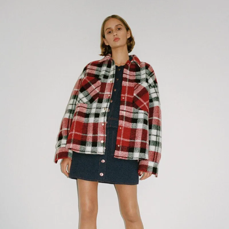 

Женская винтажная клетчатая куртка с карманами, верхняя одежда большого размера с длинным рукавом и кнопками, шикарные топы, блузки, 2021