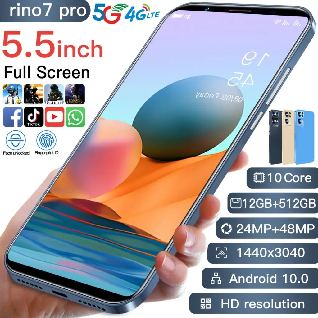 

Rino7 Pro 5.5 Inch 256GB/512GB Dual SIM+Micro SD Deca Core 24+48MP Android 10.0 Smartphone 5800mAh MTK6595 Face Unlock Cellphone
