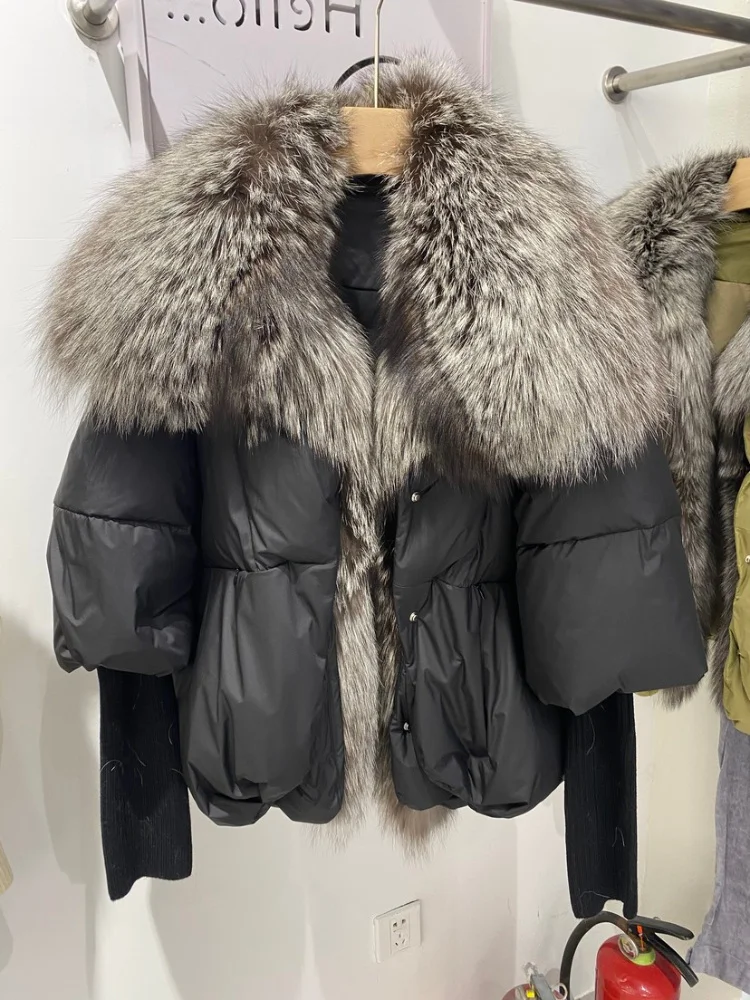 

2023 New Natural Real Fur Coat Winter Jacket Women Goose Down Jacket Big Silver Fox Fur Collar Thick Warm Fashion Streetwear