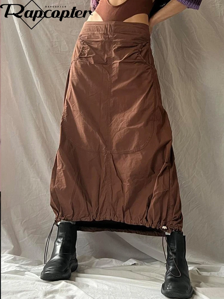 

Юбка-карго Rapcopter Y2K средней длины на молнии с кулиской, прямая Коричневая длинная юбка в стиле ретро, женская одежда в Корейском стиле, одежда...