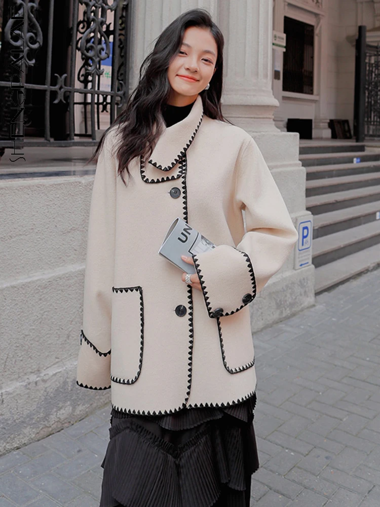 

SHENGPAIAE striped single breasted pockets Woolen Coat Women's Long Winter Fashion Hepburn Double-sided thicken Coat 5W779