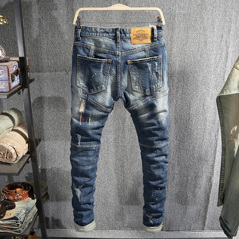 Street Fashion Designer Ripped Jeans Men Retro Blue Biker Jeans Homme Hip Hop Slim Denim Pants Men Stretch Patch Hole Trousers