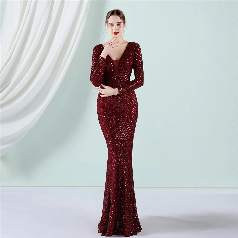 Very Elegant Women Beading Dress Long Prom Dress Deep V Neck Silver Sequin Evening Dress Sexy Party Maxi Dress