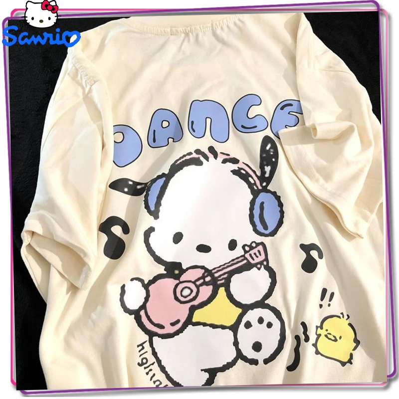Sanrio Pochacco Kirby Anime Cotton Women's Short Sleeve Summer 2023 New Plus Size T-Shirts Cartoon Print Top Cute Girl Gift