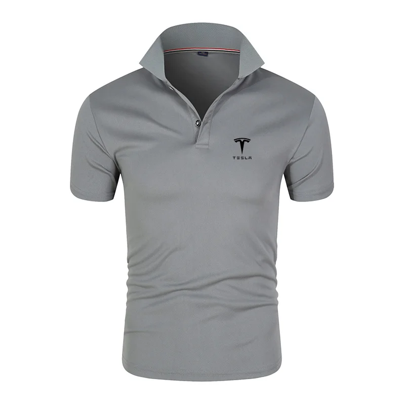 

New Summer Tesla LOGO High Quality Men's Lapel Slim High Street Short Sleeve Outdoor Sports Tee Fashion Print Polo Shirt Tops