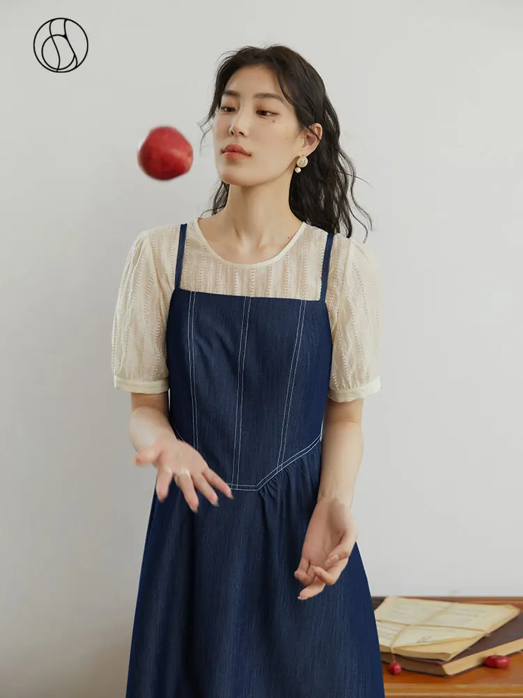 

DUSHU Dark Denim Blue Women Slip Dress Adjustable back straps French Retro Women Long A-LINE Denim Skirts Female Suspender Dress