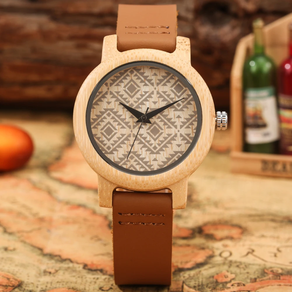 

Деревянные женские наручные часы, бамбуковые кварцевые часы для женщин, креативный Алмазный Узор, циферблат, кожаный ремешок, деревянные же...