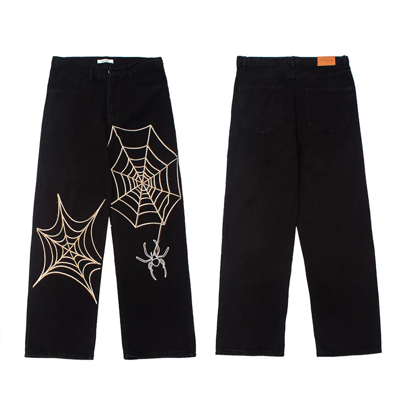 Spider Web Embroidery Straight Casual Jeans Pants Men and Women Vibe Style Ripped Loose Denim Trousers Streetwear