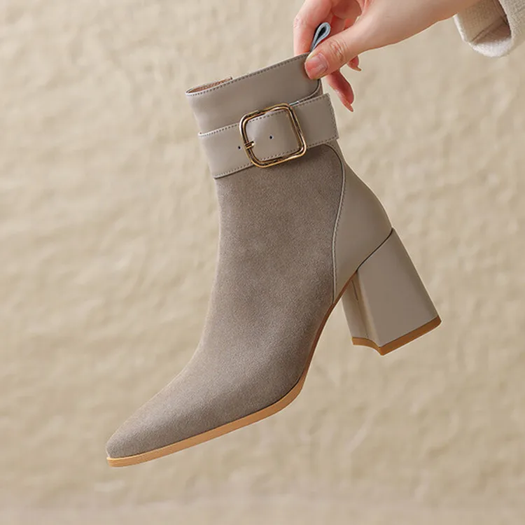 

Autumn Suede Women Ankle Boots Sexy Pointed Toe Strap Buckle Short Botines 7cm Square High Heels Working Stilettos Khaki Botas