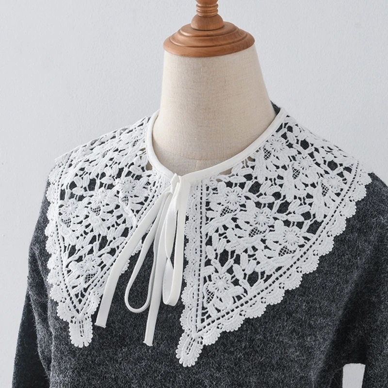 

Decorative Lace Neckline Faux Collar for Women Elegant Hollow-Out Embroidery Floral Shawl Scarf Lace-Up Bowknot Capelet