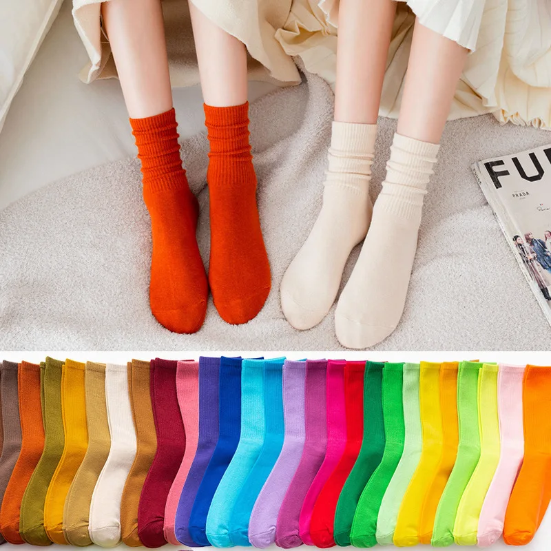 

Однотонные всесезонные женские носки, 26 цветов, носки средней длины, карамельные носки, милые Мультяшные носки для девочек, удобные домашние носки из чистого хлопка