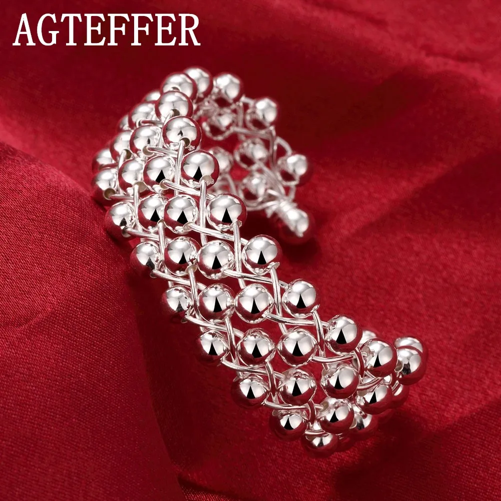 

AGTEFFER 925 Sterling Silver Full Smooth Beads Bangle Bracelet For Woman Wedding Engagement Fashion Charm Party Jewelry