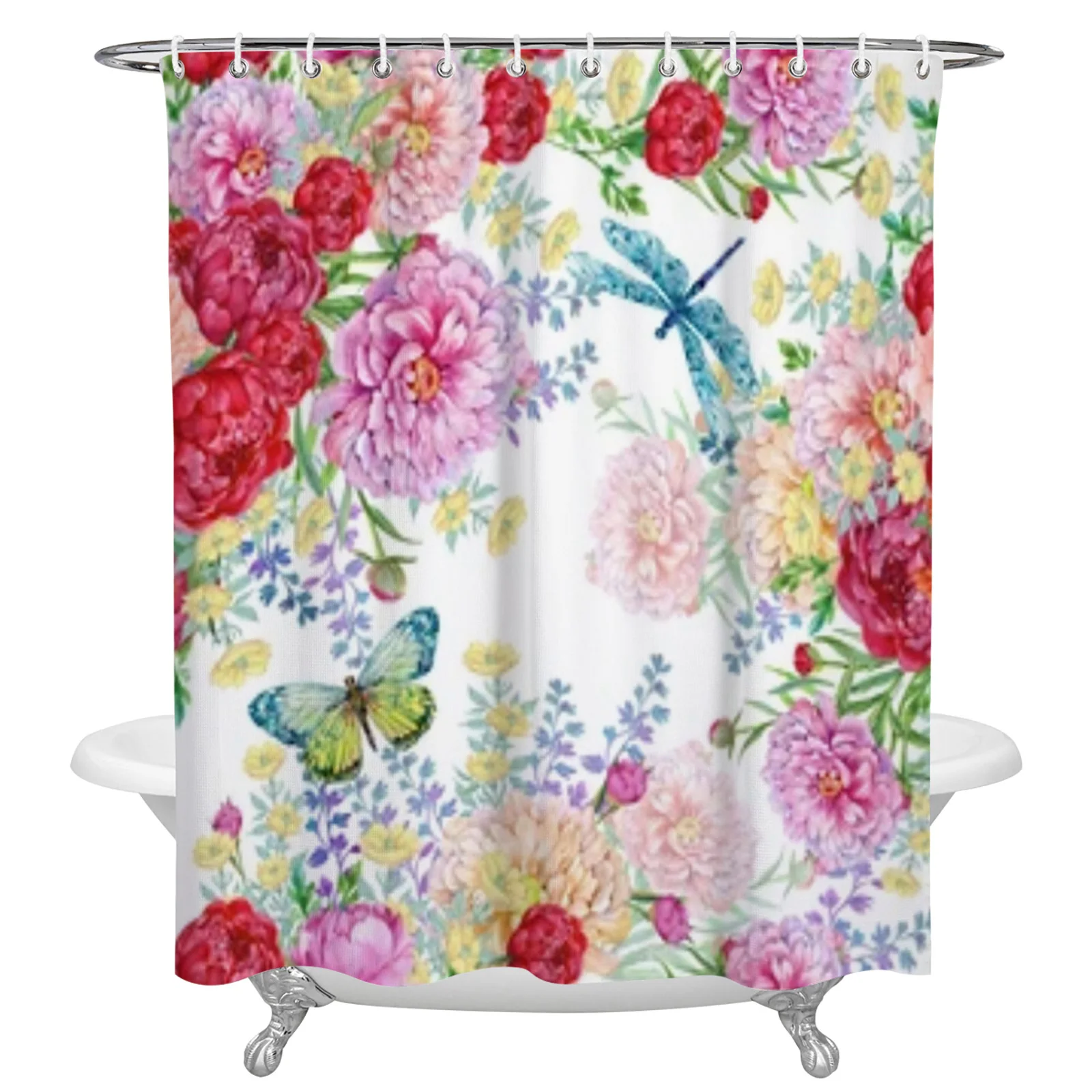 

Занавеска для душа с пионами, цветами, стрекозой, бабочками, водонепроницаемая занавеска для ванной из полиэстера, украшение для дома, занав...