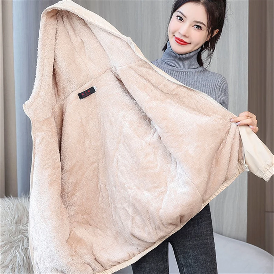 Winter Hooded Thicken Plus Velvet Cotton Padded Jackets Oversized 4XL Women Warm Parkas Basic Solid Coat Snow Wear Outwear Top