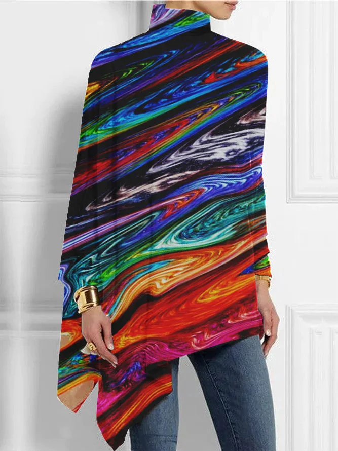 

Women Pullover Tops 2023 Autumn Turtleneck Long Sleeve Printed T Shirts Ladies Elegant Irregular Clothing Outfits Streetwear