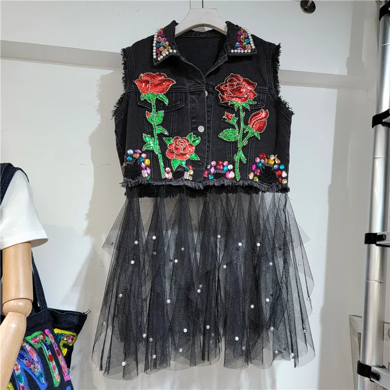 2022 Autumn New Heavy Beaded Denim Vest Women Streetwear Fashion Embroidery Mesh Patchwork Waistcoat Chalecos Para Mujer