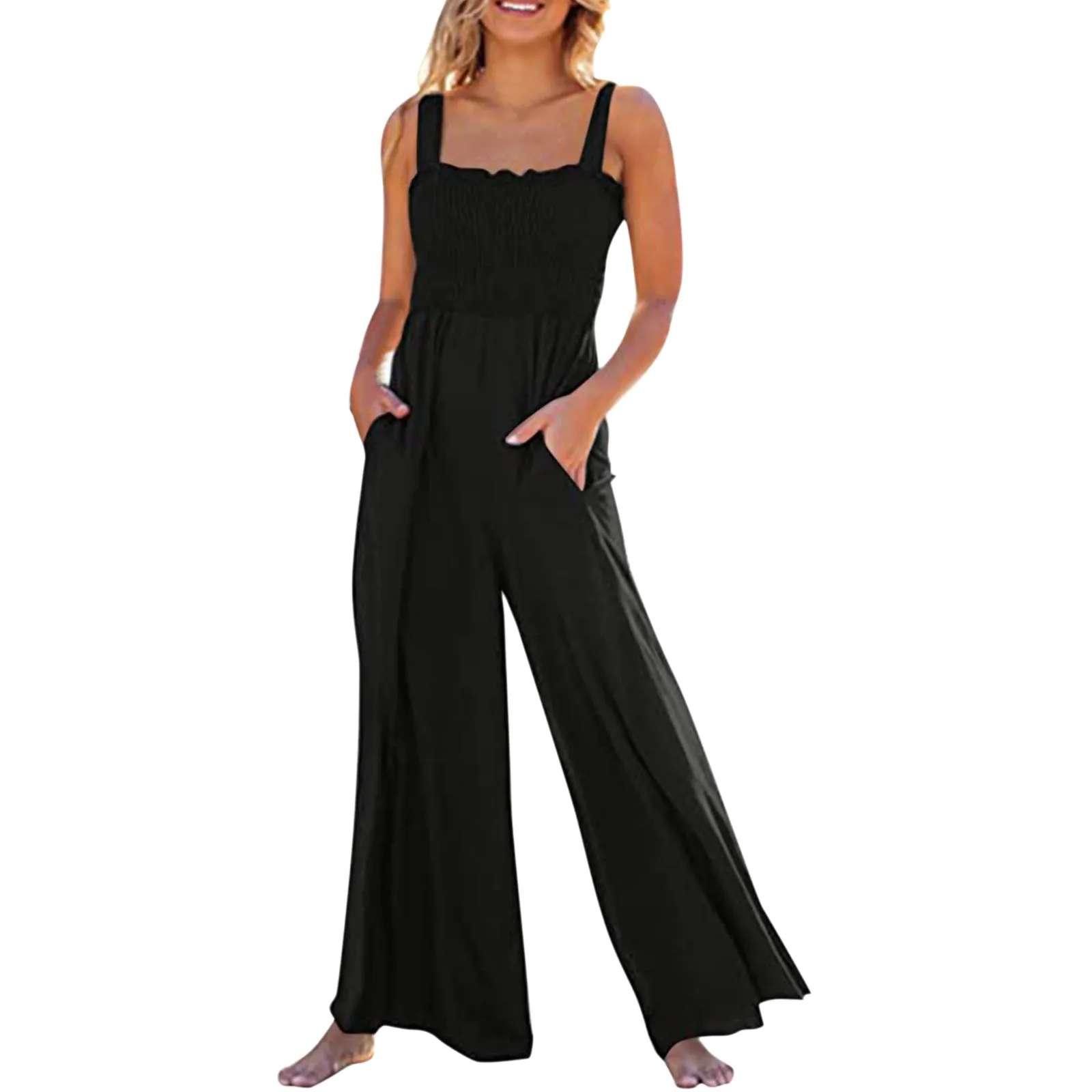 

Женский свободный комбинезон без рукавов, повседневный комбинезон на бретелях с широкими квадратными штанинами и карманами