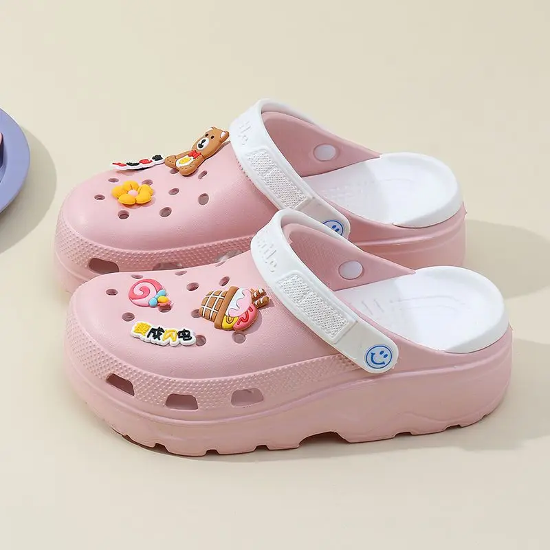 2023 new women's summer thick-soled slippers outer wear increased non-slip high-heeled shoes hole shoes beach sandals home shoes