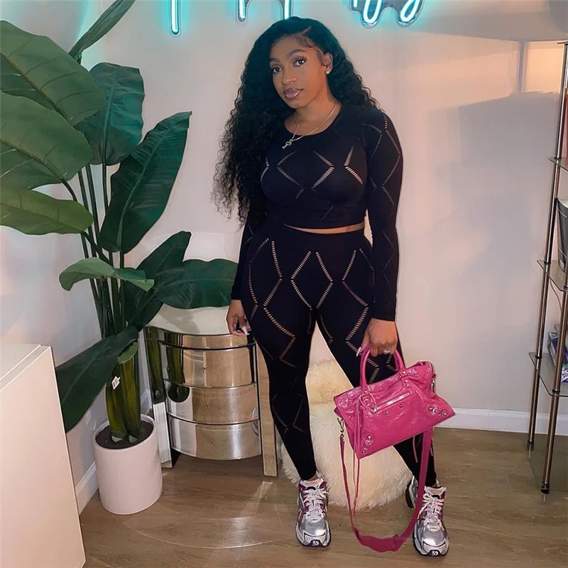 

Two Piece Set Women Outfits Fashion Hollow Out Solid O-neck Long Sleeve Crop Tops+ Sheath Pencil Pants Lady Street Suits