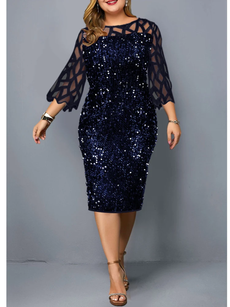 

Elegant Dress Women Party O-neck Large Size Lace Mesh Seven-point Office Lady Hollow Shiny Clothing Lugentolo