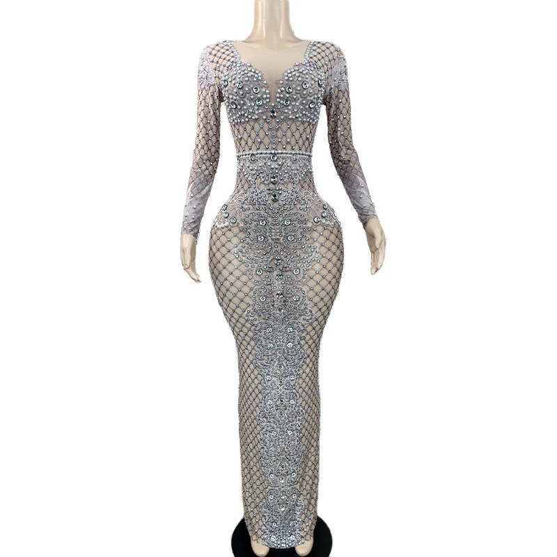 

Женское сексуальное Сетчатое серебристое платье, костюм певицы, сценический танцор, одежда для выступлений