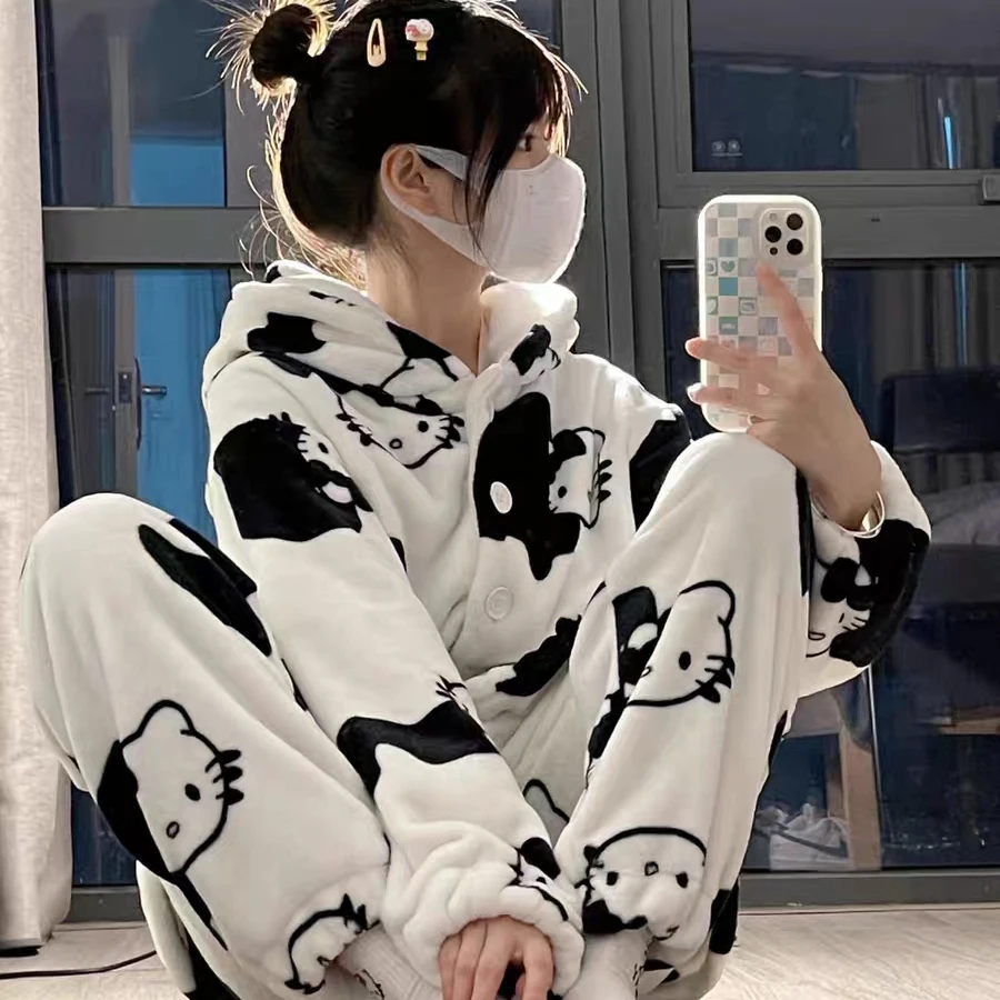 

Пижама Hello Kitty Sanrio в стиле аниме, зимняя, сохраняющая тепло, утолщенные Фланелевые брюки с длинным рукавом, милый, милый подарок для девочки