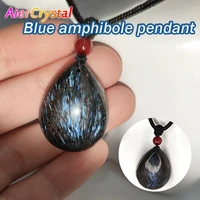 natural blue amphibole pendant drop shaped with healing halo crystal stone agat bead rope chain necklace ladies jewelry
