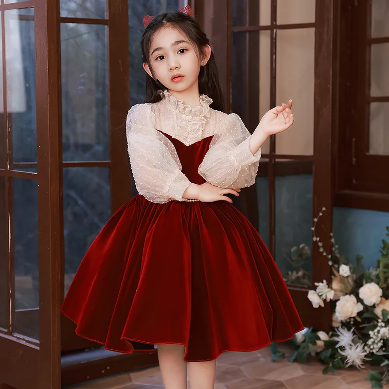 Купи Long-sleeve Evening Kids Dress for Girls Princess Dress Red Tutu Skirt Flower Girl Wedding Girl Piano Performance Prom Dresses за 1,878 рублей в магазине AliExpress