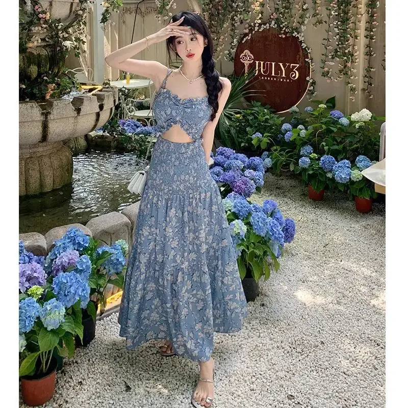 Женское летнее длинное платье без бретелек во французском стиле с открытым