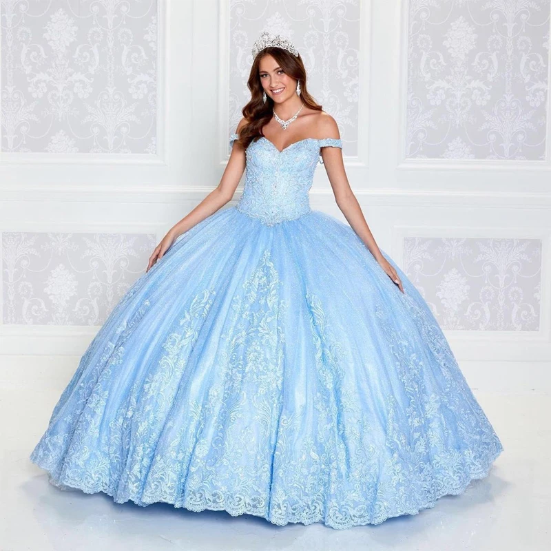 

Luxury Princess Ball Gown Quinceanera Dresses 2023 Sweet 15 Party Pageant Lace Crystal Beads Tulle Scoop Neck Corset